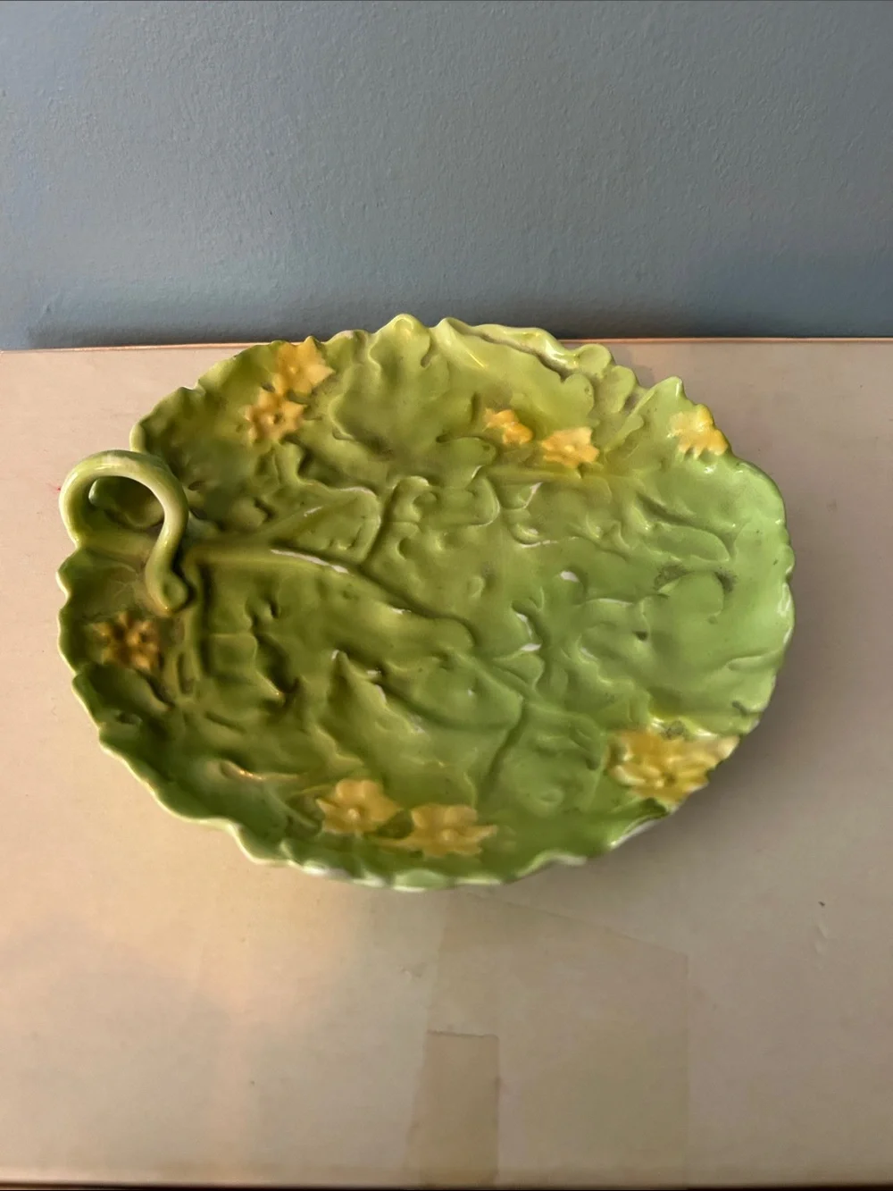 Royal Bayreuth Bavaria Green Ceramic Leaf Plate with Yellow Flowers - Rare EUC